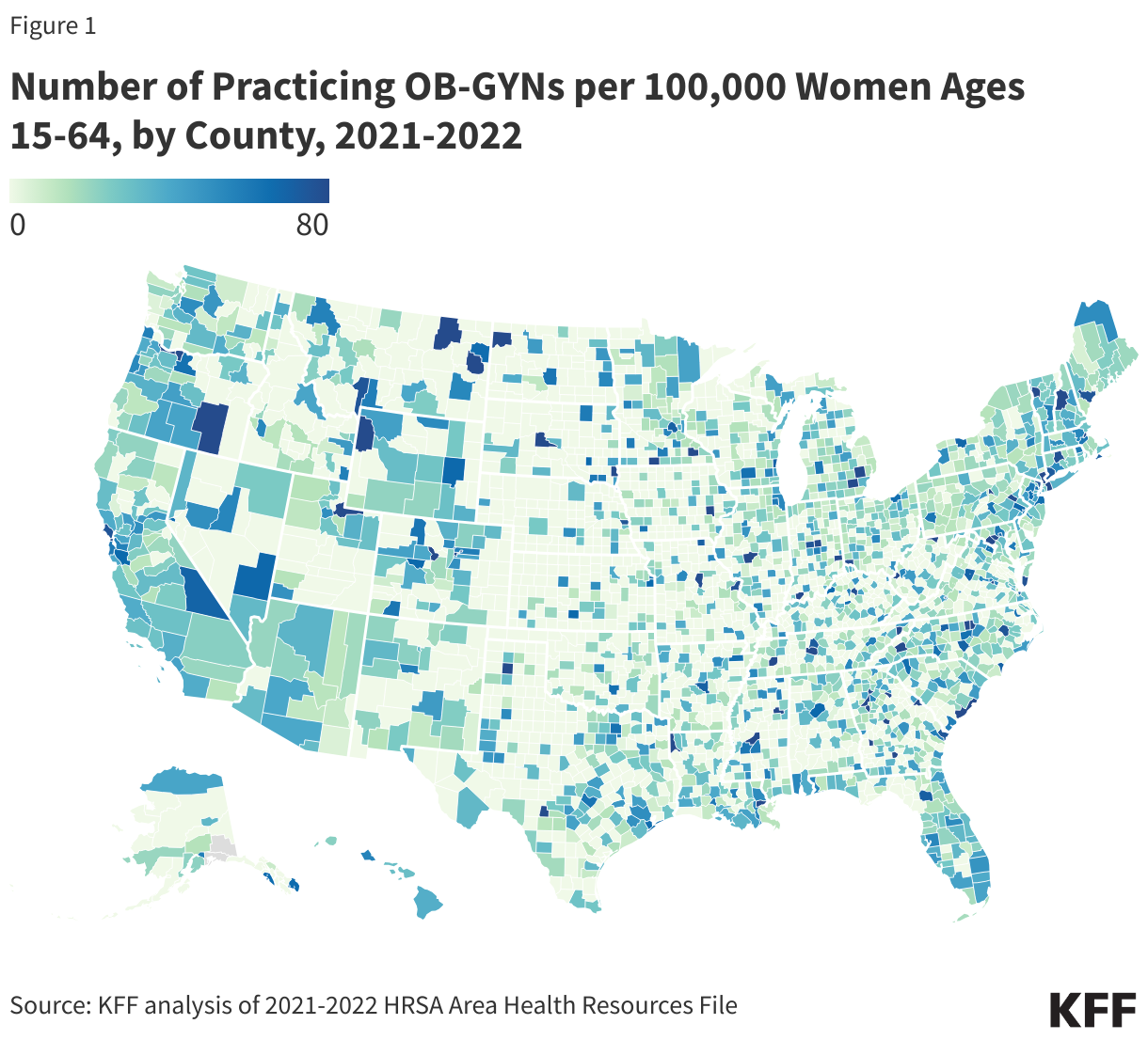 Number of Practicing OB-GYNs per 100,000 Women Ages 15-64, by County, 2021-2022
